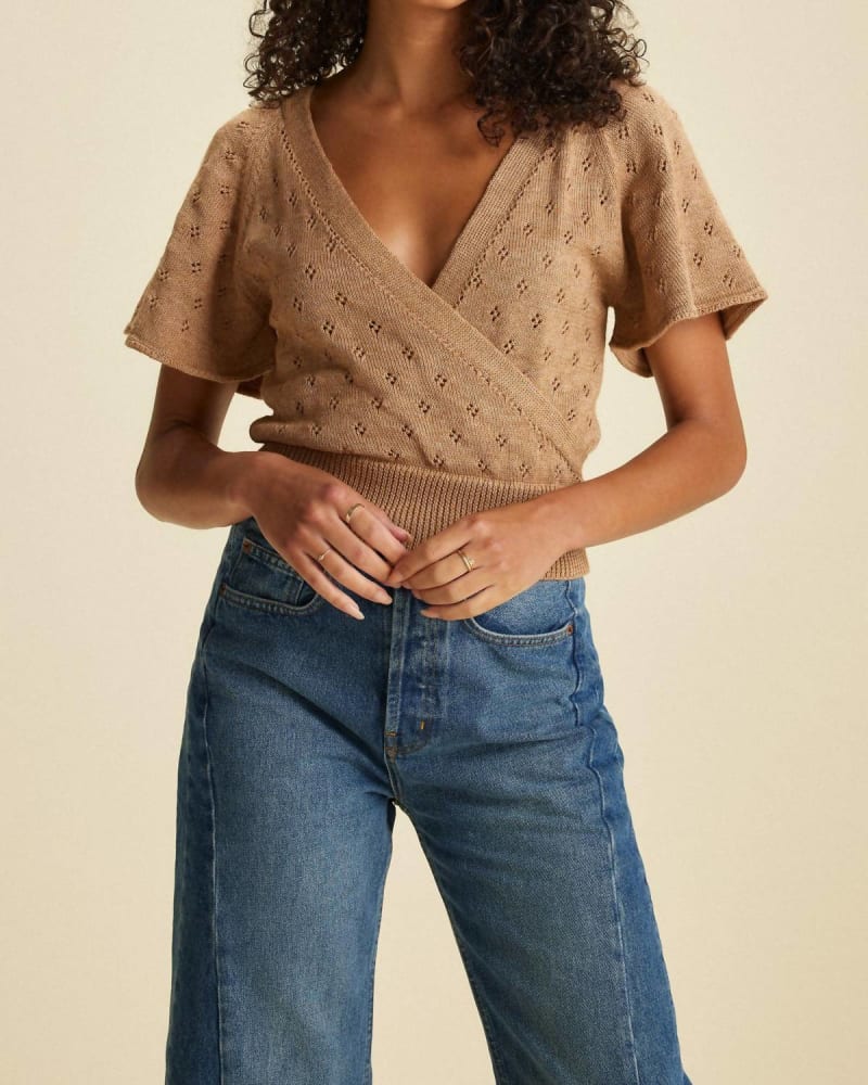 Front of a model wearing a size L Ballet Top in Beige Melange in Beige Melange by St. Roche. | dia_product_style_image_id:343952